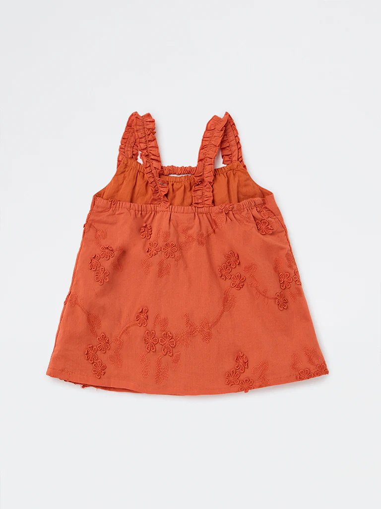 HOP Kids Girls Orange Floral Embroidered Cotton Top - Image 3