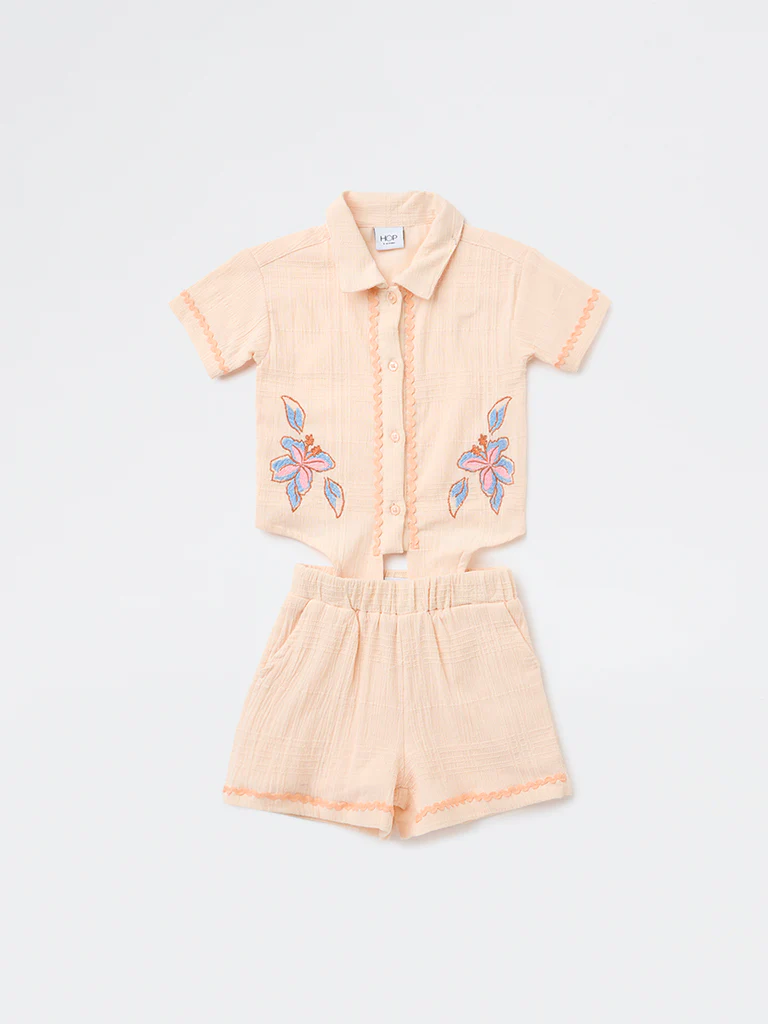 HOP Kids Girls Peach Cotton Shirt and Shorts Set