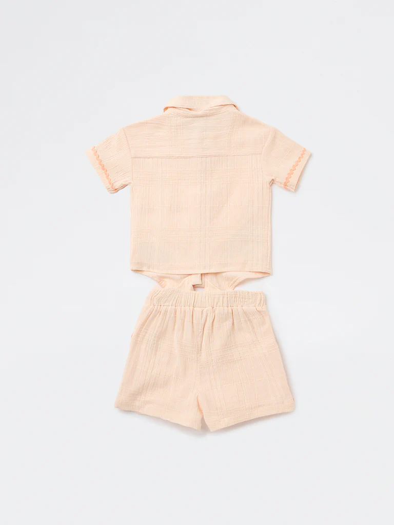 HOP Kids Girls Peach Cotton Shirt and Shorts Set - Image 2