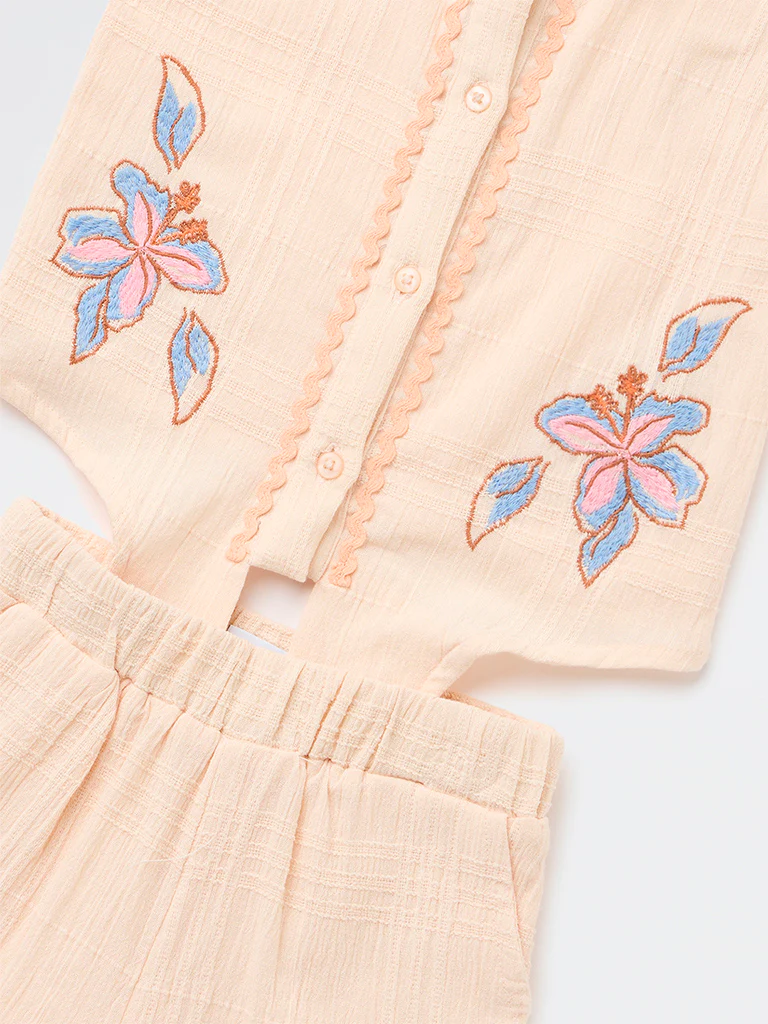 HOP Kids Girls Peach Cotton Shirt and Shorts Set - Image 3