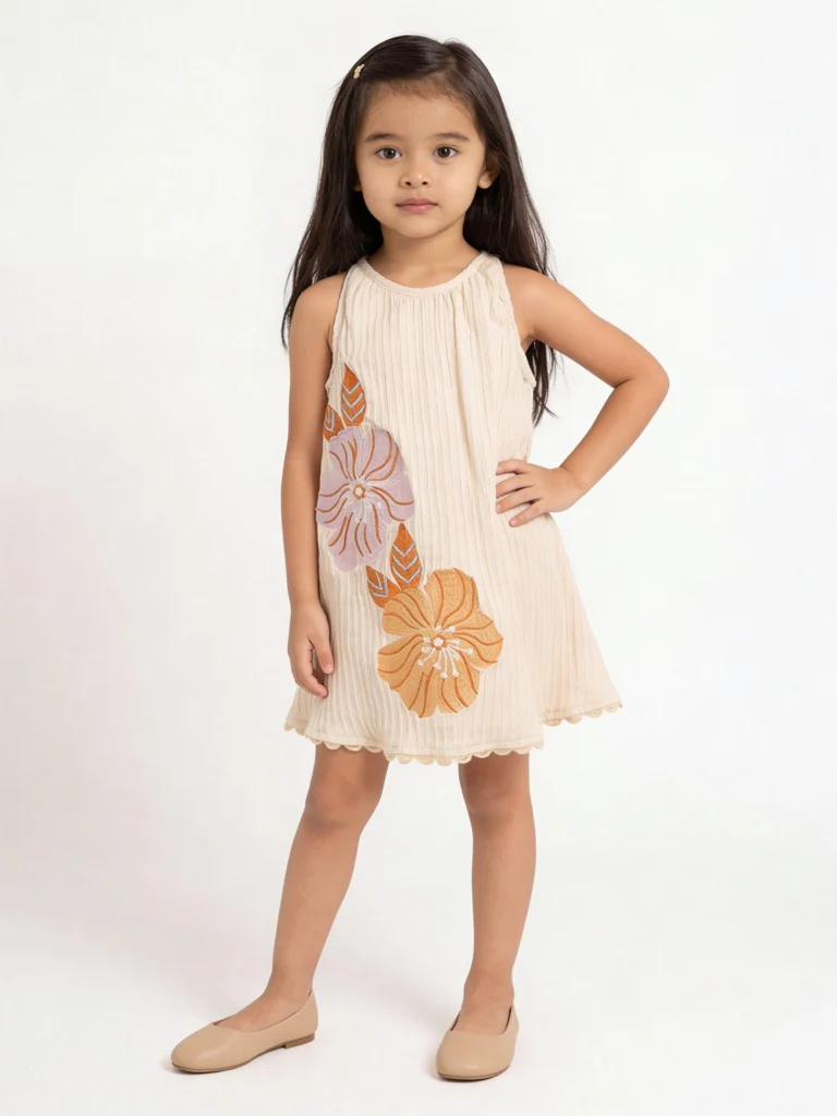 HOP Kids Girls Peach Embroidered A-Line Cotton-Blend Dress