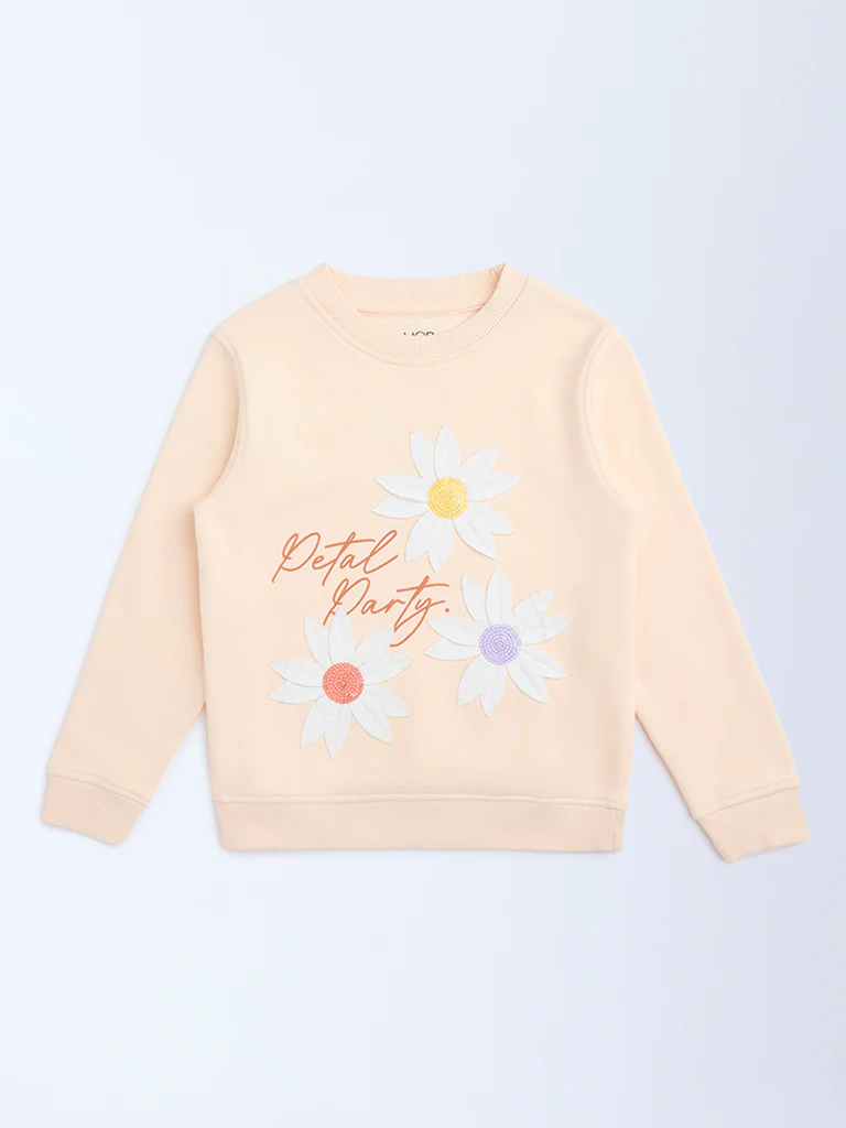 HOP Kids Girls Peach Floral Embroidered Cotton-Blend Sweatshirt - Image 3