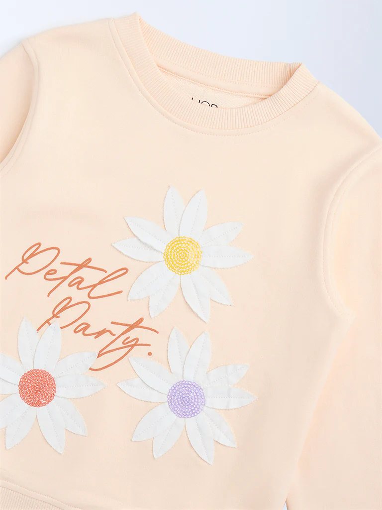 HOP Kids Girls Peach Floral Embroidered Cotton-Blend Sweatshirt - Image 5