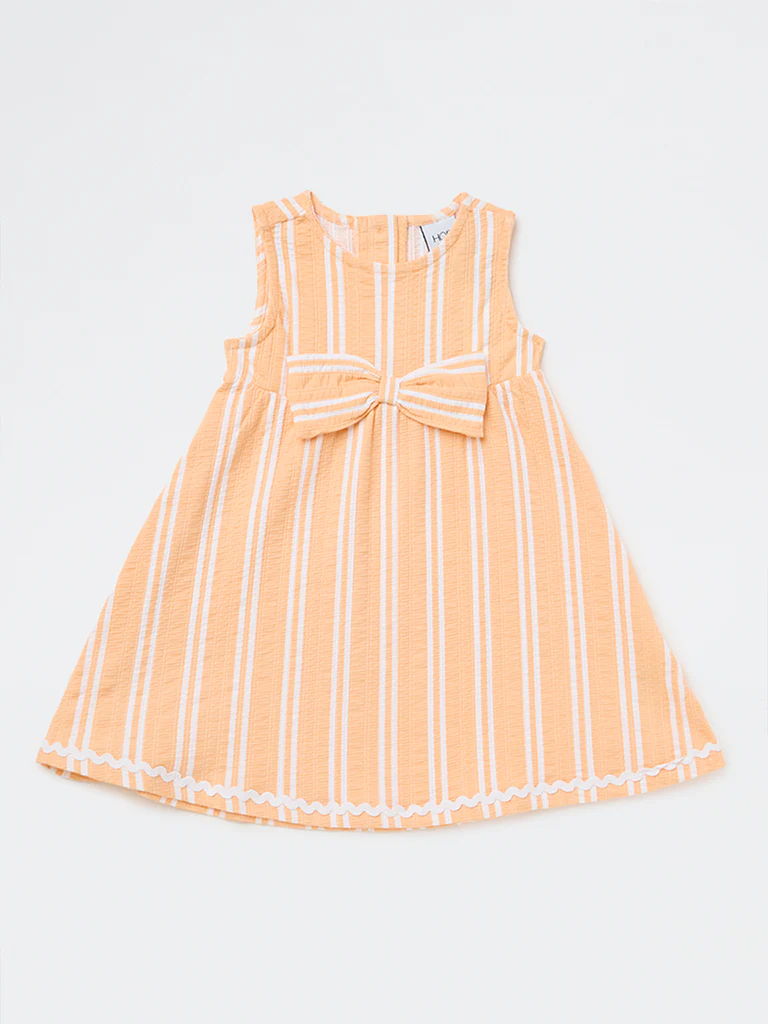 HOP Kids Girls Peach Striped Cotton-Blend A-Line Dress - Image 4