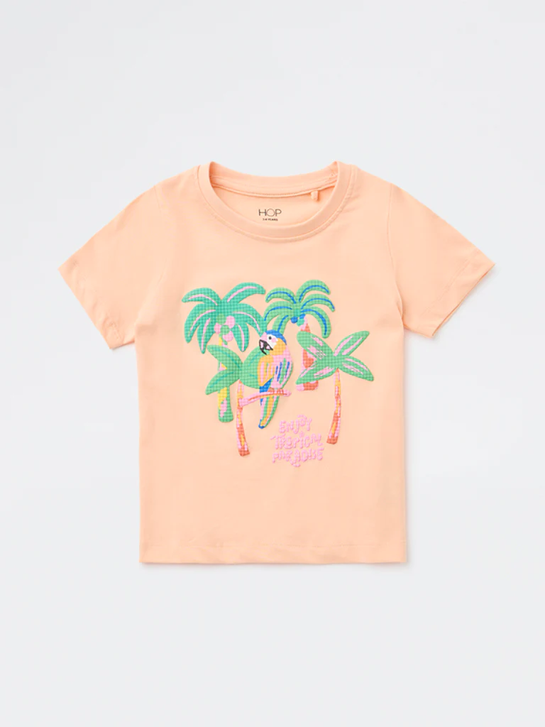 HOP Kids Girls Peach Tropical Printed Cotton T-Shirt - Image 4