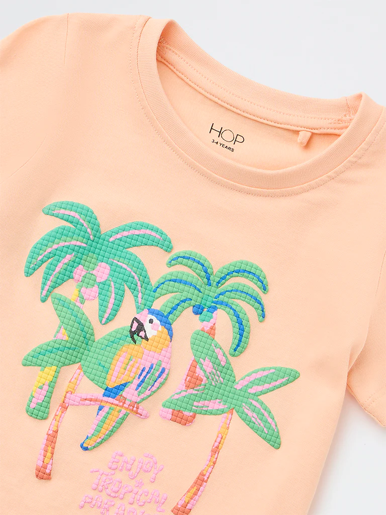 HOP Kids Girls Peach Tropical Printed Cotton T-Shirt - Image 6