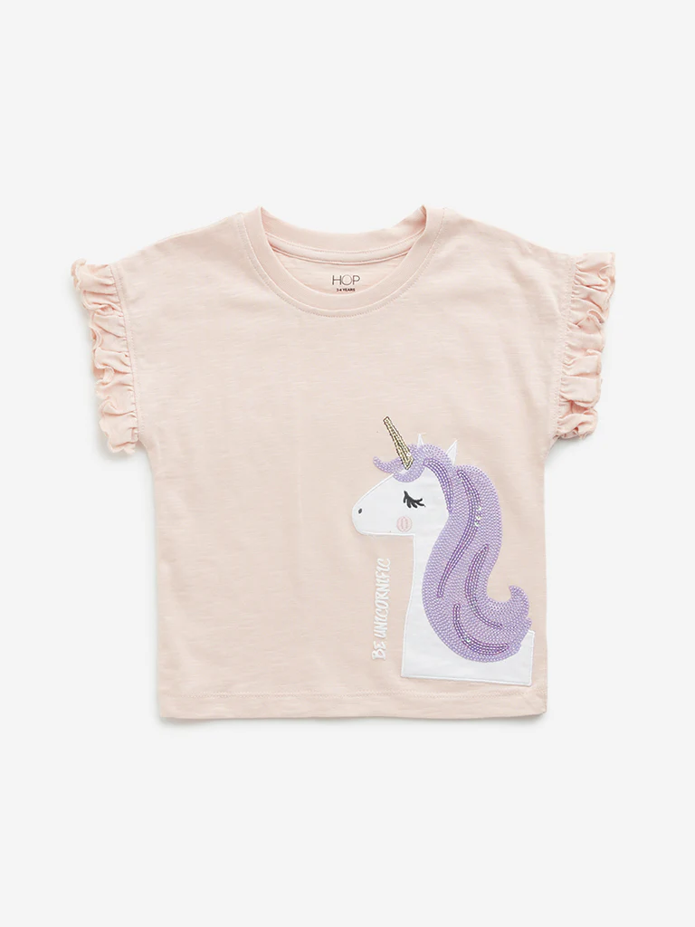 HOP Kids Girls Peach Unicorn Embellished Cotton T-Shirt