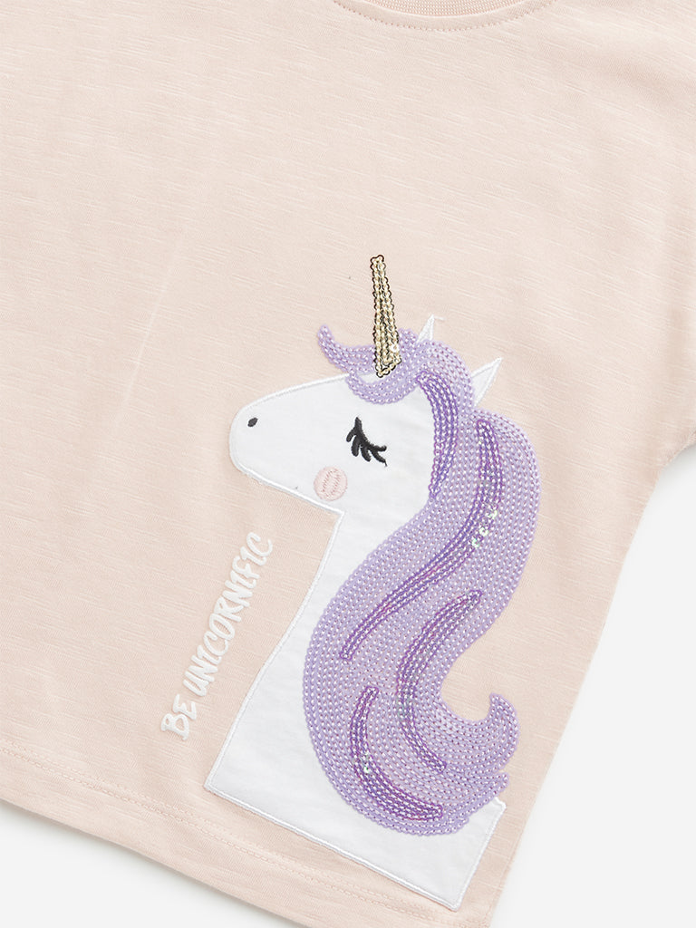 HOP Kids Girls Peach Unicorn Embellished Cotton T-Shirt - Image 4