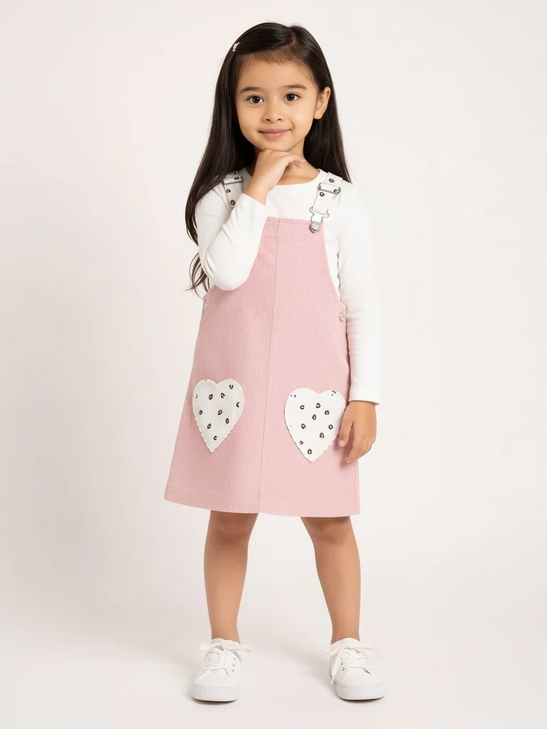 HOP Kids Girls Pink Corduroy Pinafore with T-Shirt Set