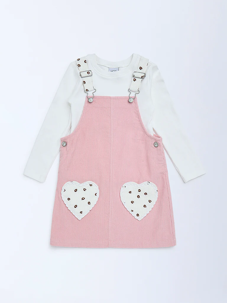 HOP Kids Girls Pink Corduroy Pinafore with T-Shirt Set - Image 3