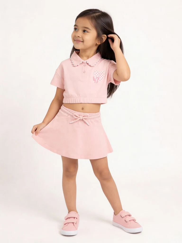 HOP Kids Girls Pink Cotton High-Rise T-Shirt and Skirt Set