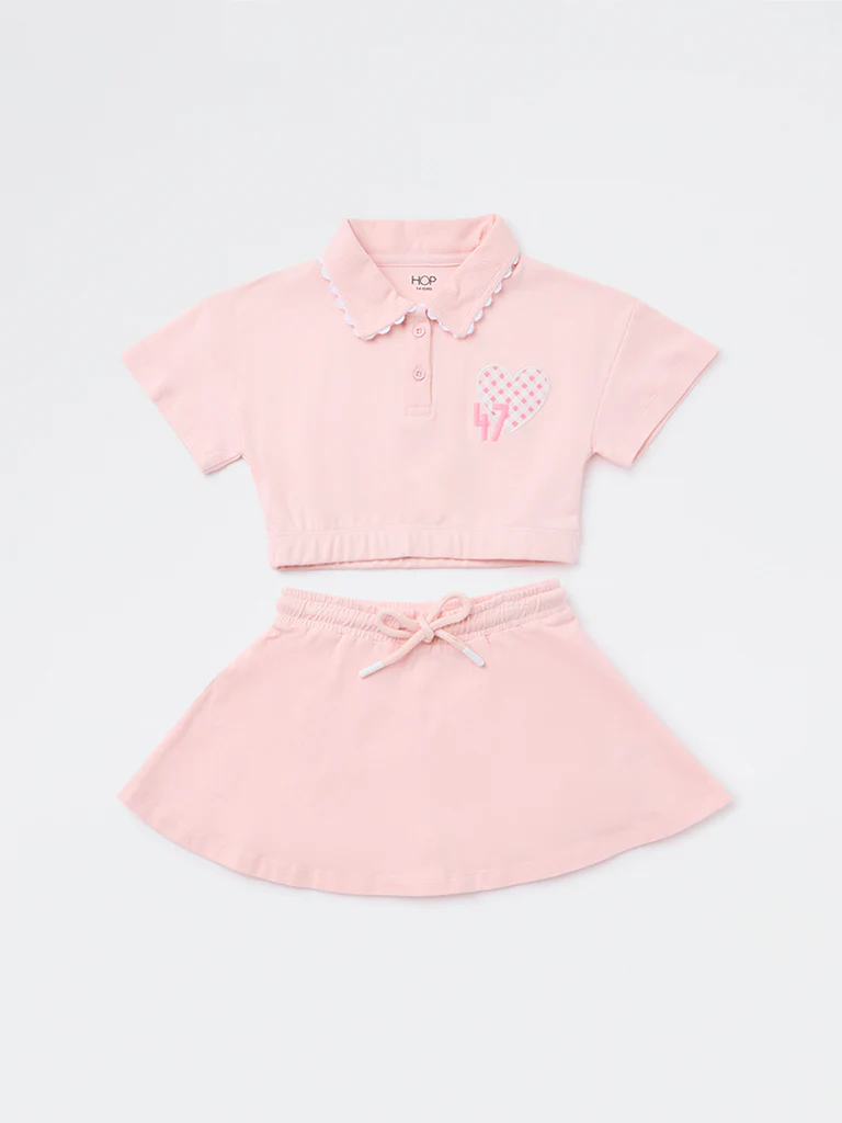 HOP Kids Girls Pink Cotton High-Rise T-Shirt and Skirt Set - Image 3