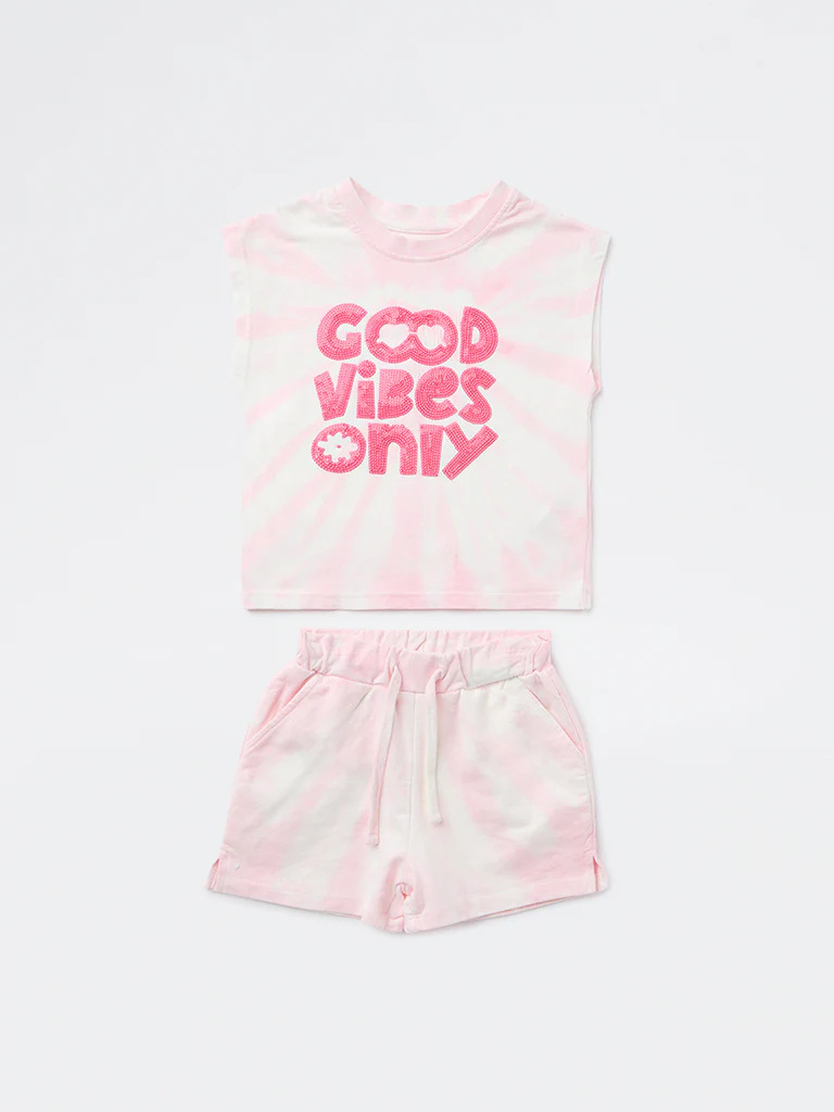 HOP Kids Girls Pink Embellished Cotton-Blend Top and Shorts Set - Image 3
