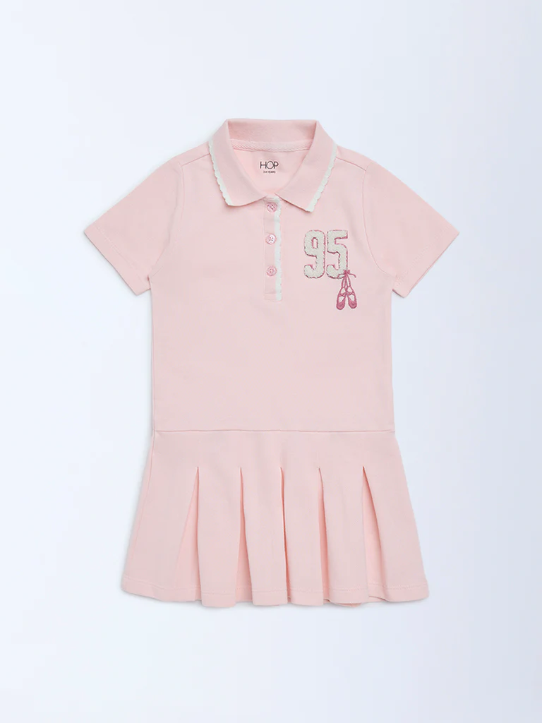 HOP Kids Girls Pink Embroidered Cotton Polo Dress - Image 3