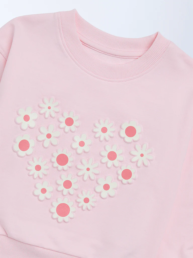 HOP Kids Girls Pink Floral Design Cotton-Blend Sweatshirt - Image 6