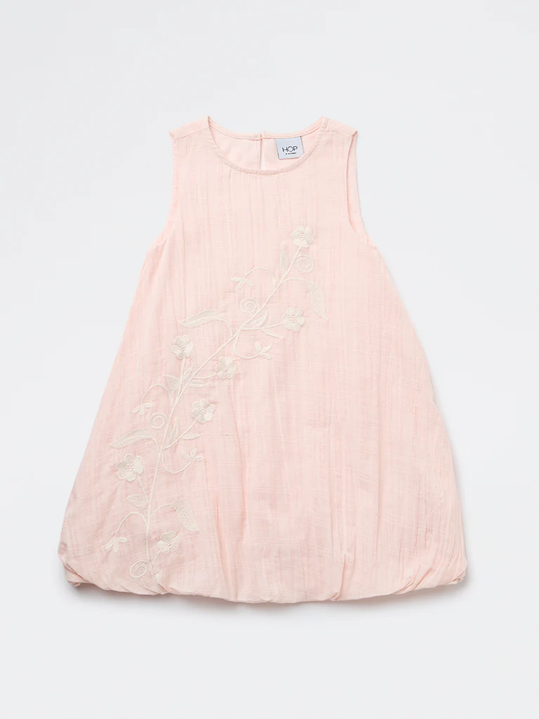 HOP Kids Girls Pink Floral Embroidered Cotton Bubble Dress
