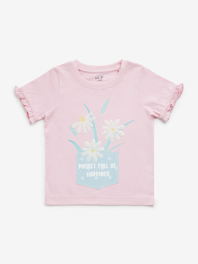 HOP Kids Girls Pink Floral Embroidered Cotton T-Shirt