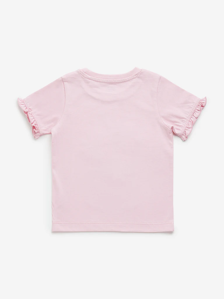 HOP Kids Girls Pink Floral Embroidered Cotton T-Shirt - Image 3