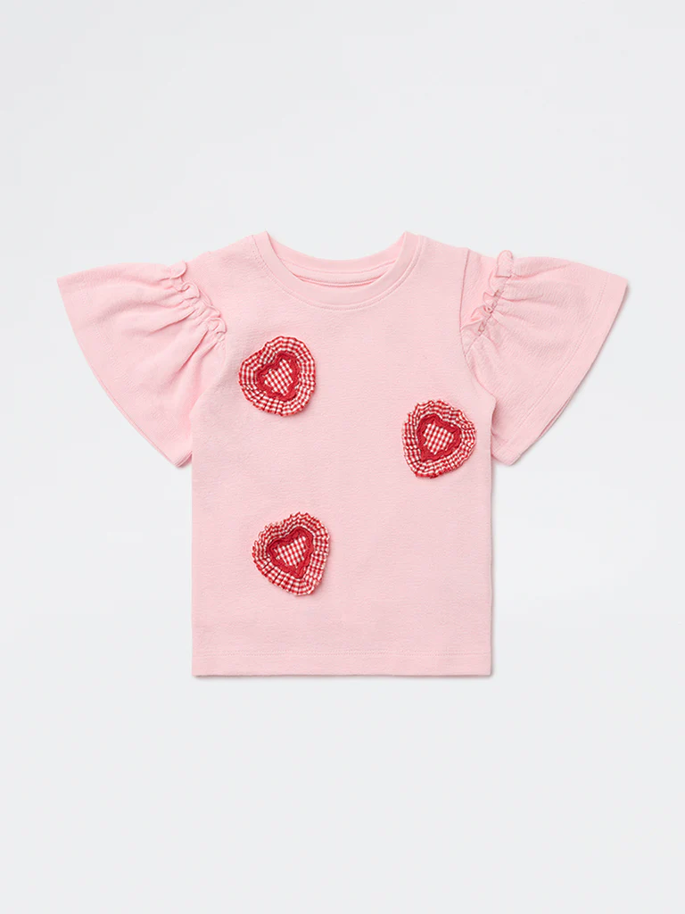HOP Kids Girls Pink Hearts Embroidered Cotton Top - Image 3