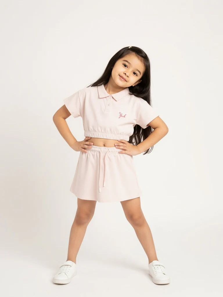 HOP Kids Girls Pink Printed Cotton Polo T-Shirt with Skirt Set