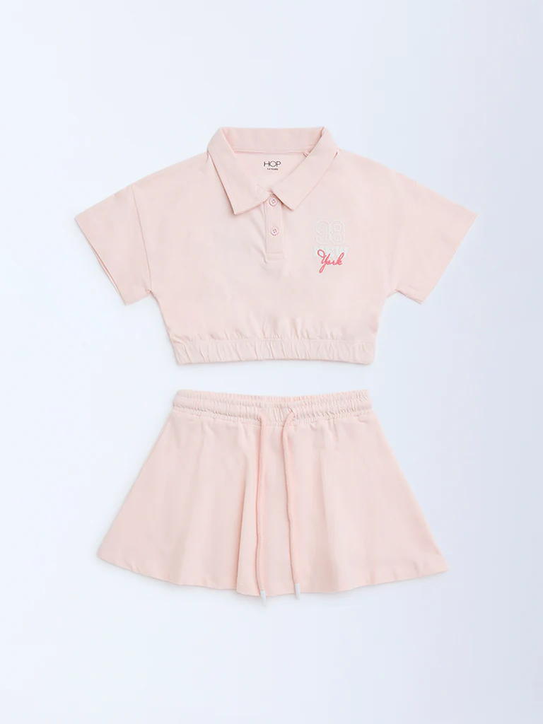 HOP Kids Girls Pink Printed Cotton Polo T-Shirt with Skirt Set - Image 2