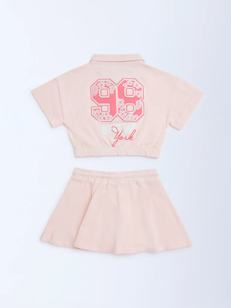HOP Kids Girls Pink Printed Cotton Polo T-Shirt with Skirt Set - Image 4