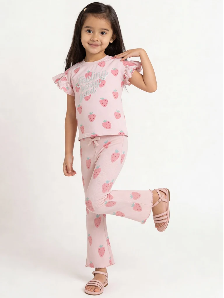 HOP Kids Girls Pink Printed Cotton T-Shirt and Pant Set