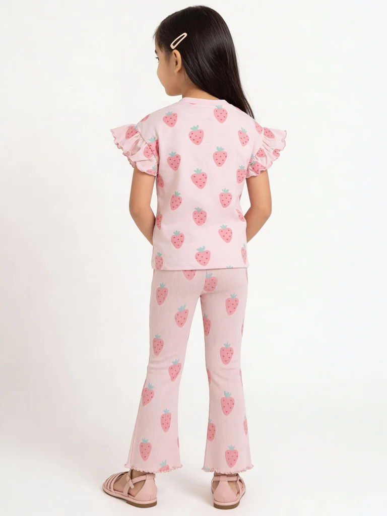HOP Kids Girls Pink Printed Cotton T-Shirt and Pant Set - Image 2