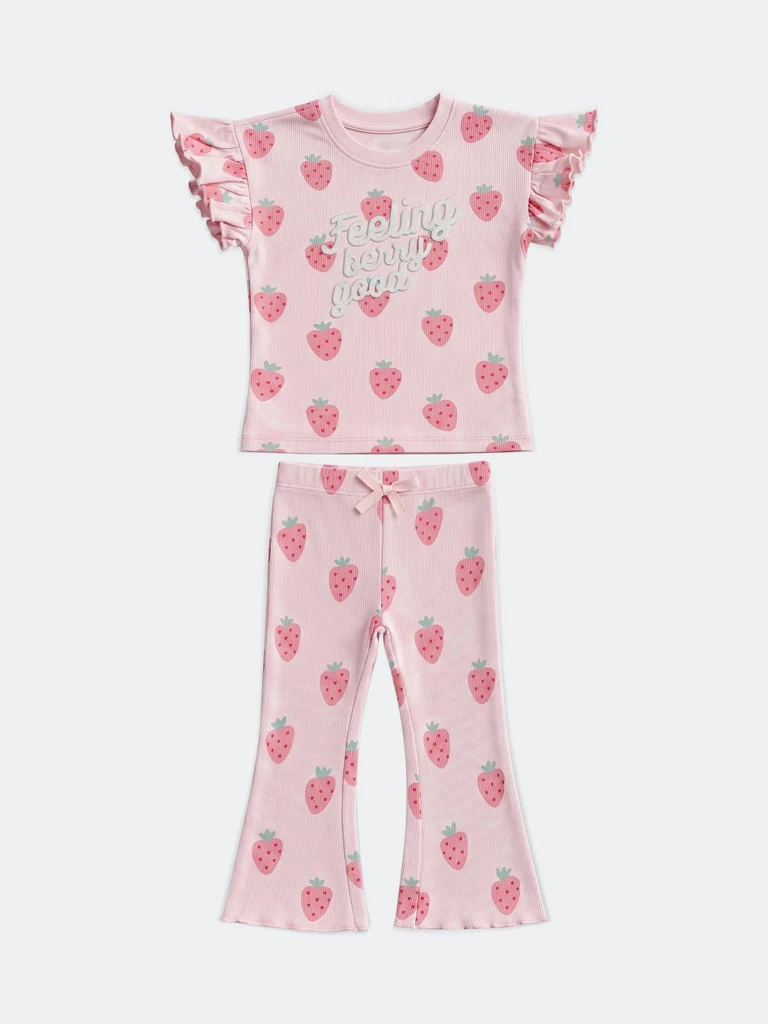 HOP Kids Girls Pink Printed Cotton T-Shirt and Pant Set - Image 3