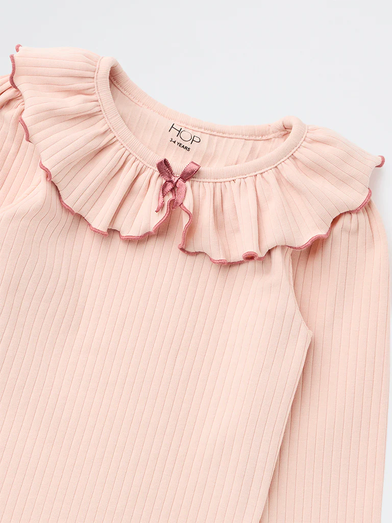 HOP Kids Girls Pink Ribbed Bow-Detail Cotton-Blend Top - Image 6