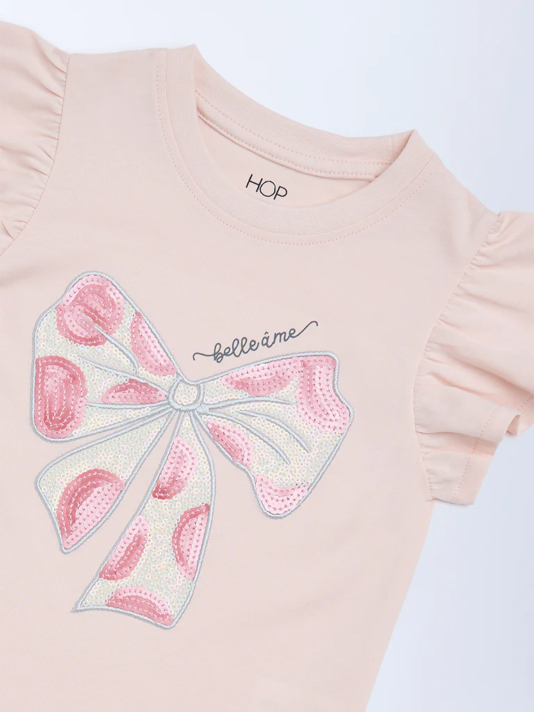 HOP Kids Girls Pink Sequin Bow Design Cotton Top - Image 6