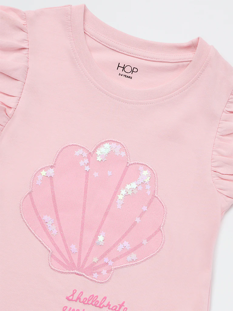 HOP Kids Girls Pink Shell Embroidered Cotton Top - Image 6