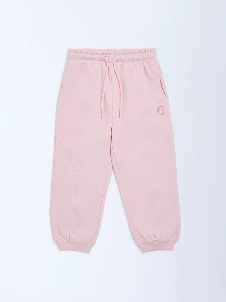 HOP Kids Girls Pink Solid High-Rise Cotton-Blend Joggers - Image 4