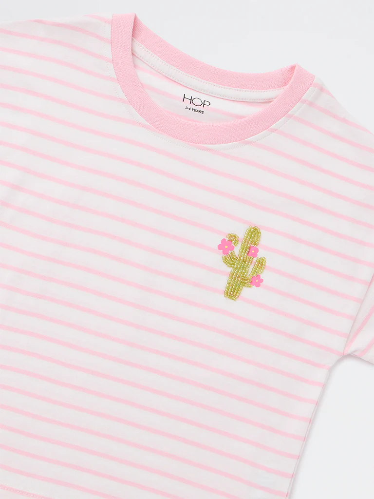 HOP Kids Girls Pink Striped Cotton T-Shirt - Image 6