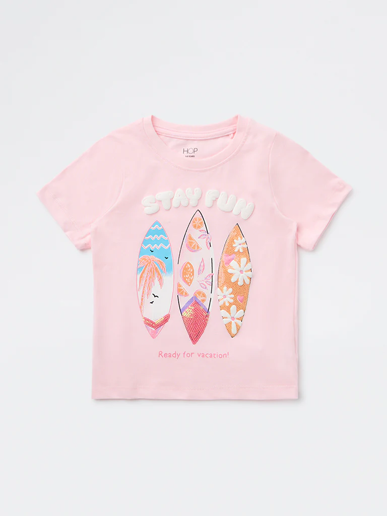 HOP Kids Girls Pink Surfboard-Inspired Cotton T-Shirt - Image 4