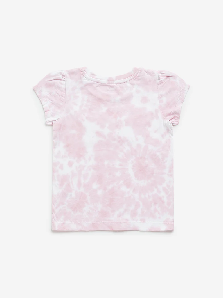 HOP Kids Girls Pink Typographic Tie-Dye Printed Cotton T-Shirt - Image 3