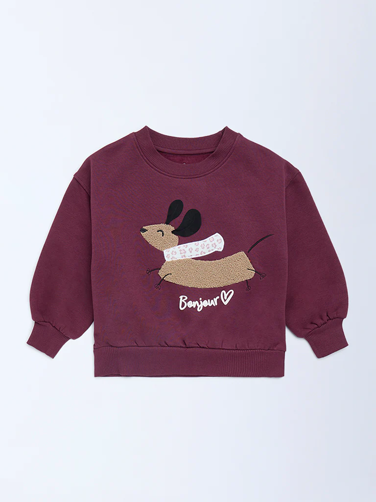 HOP Kids Girls Plum Animal Embroidered Cotton-Blend Sweatshirt - Image 3