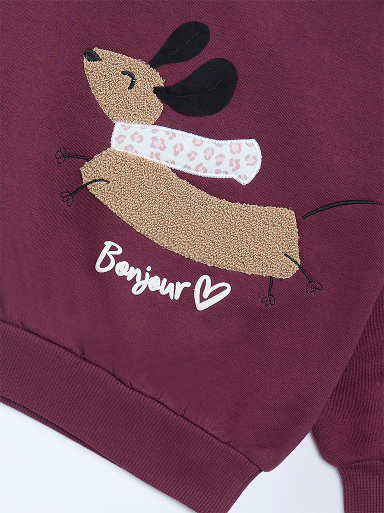 HOP Kids Girls Plum Animal Embroidered Cotton-Blend Sweatshirt - Image 5
