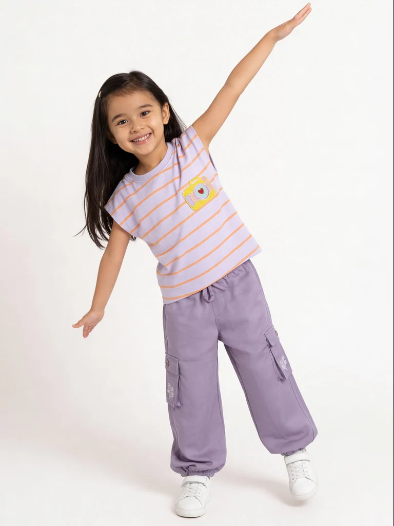 HOP Kids Girls Purple Embroidered Cargo Pocket Trousers