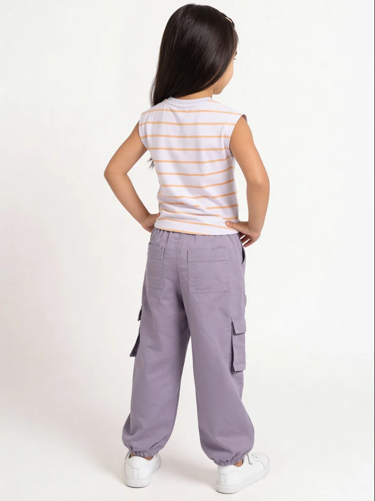 HOP Kids Girls Purple Embroidered Cargo Pocket Trousers - Image 2