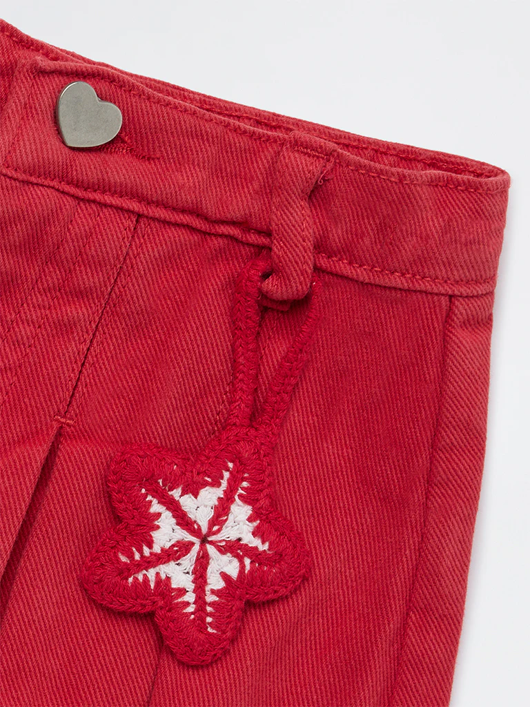 HOP Kids Girls Red Box Pleated High-Rise Denim Skorts - Image 5
