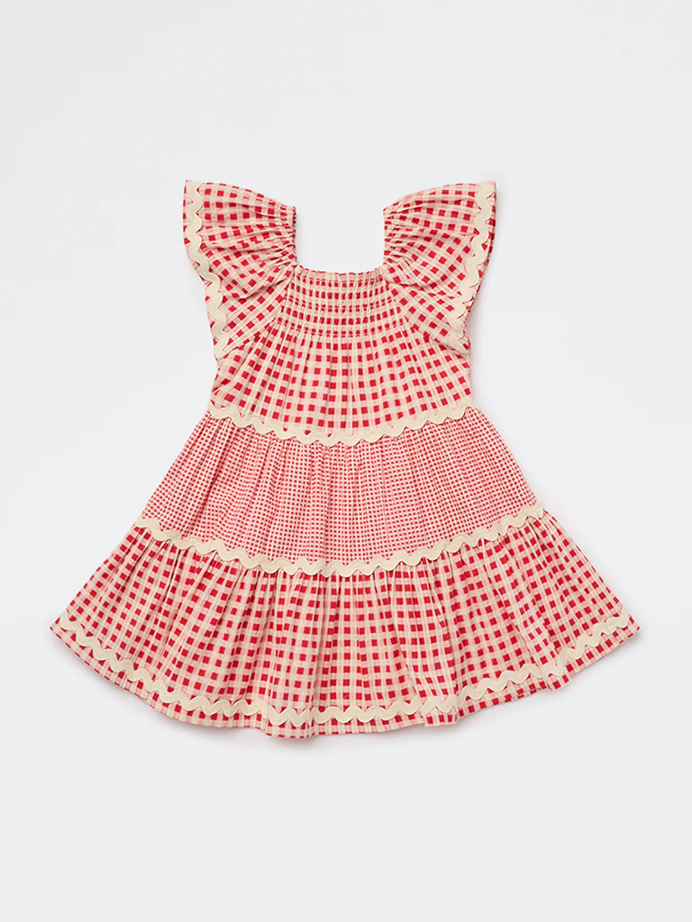 HOP Kids Girls Red Checkered Tiered Cotton Dress - Image 4