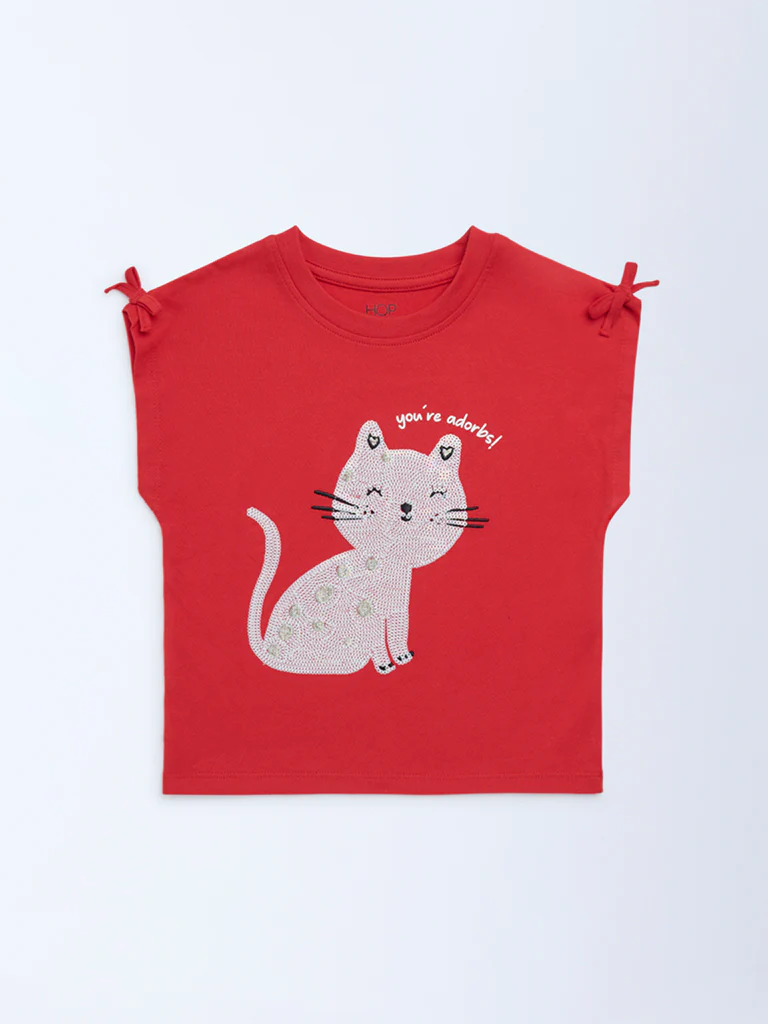 HOP Kids Girls Red Embellished Cotton T-Shirt - Image 4