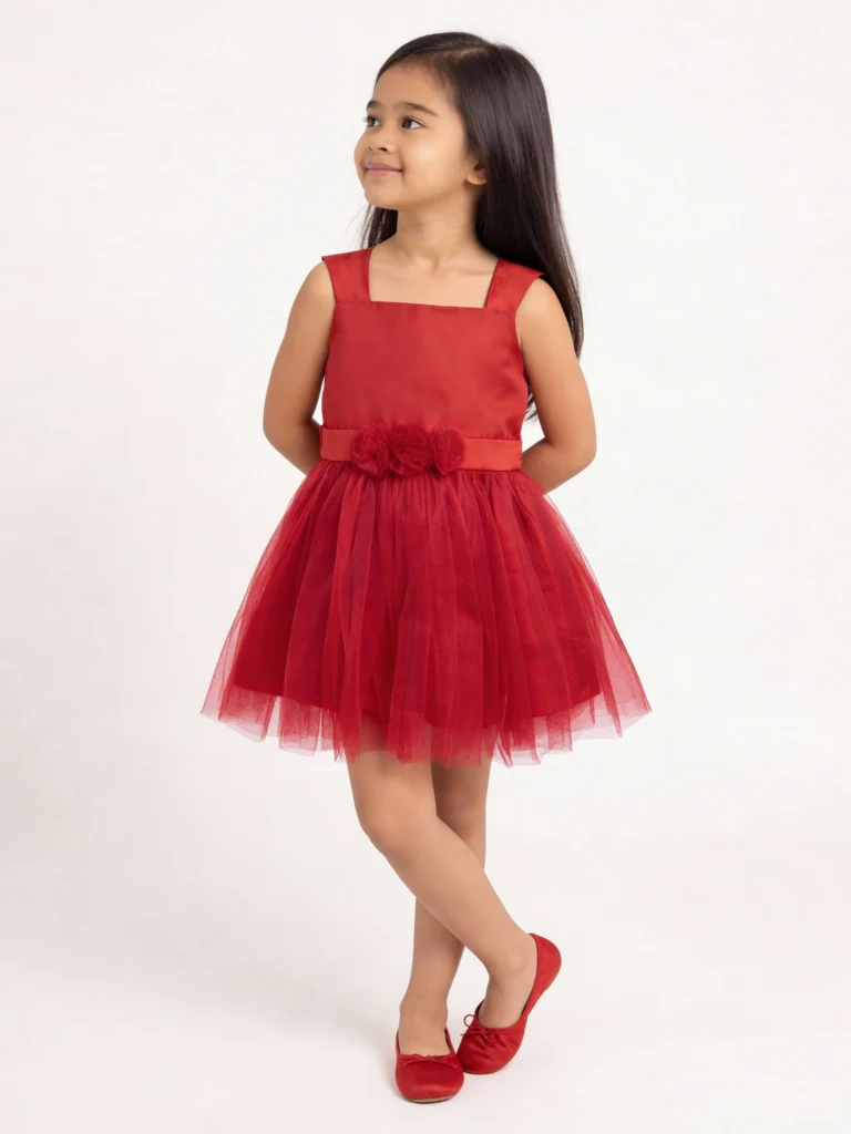 HOP Kids Girls Red Floral-Detailed Party Dress