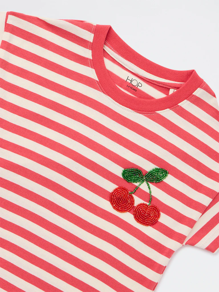 HOP Kids Girls Red Stripe Printed Cotton T-Shirt - Image 6
