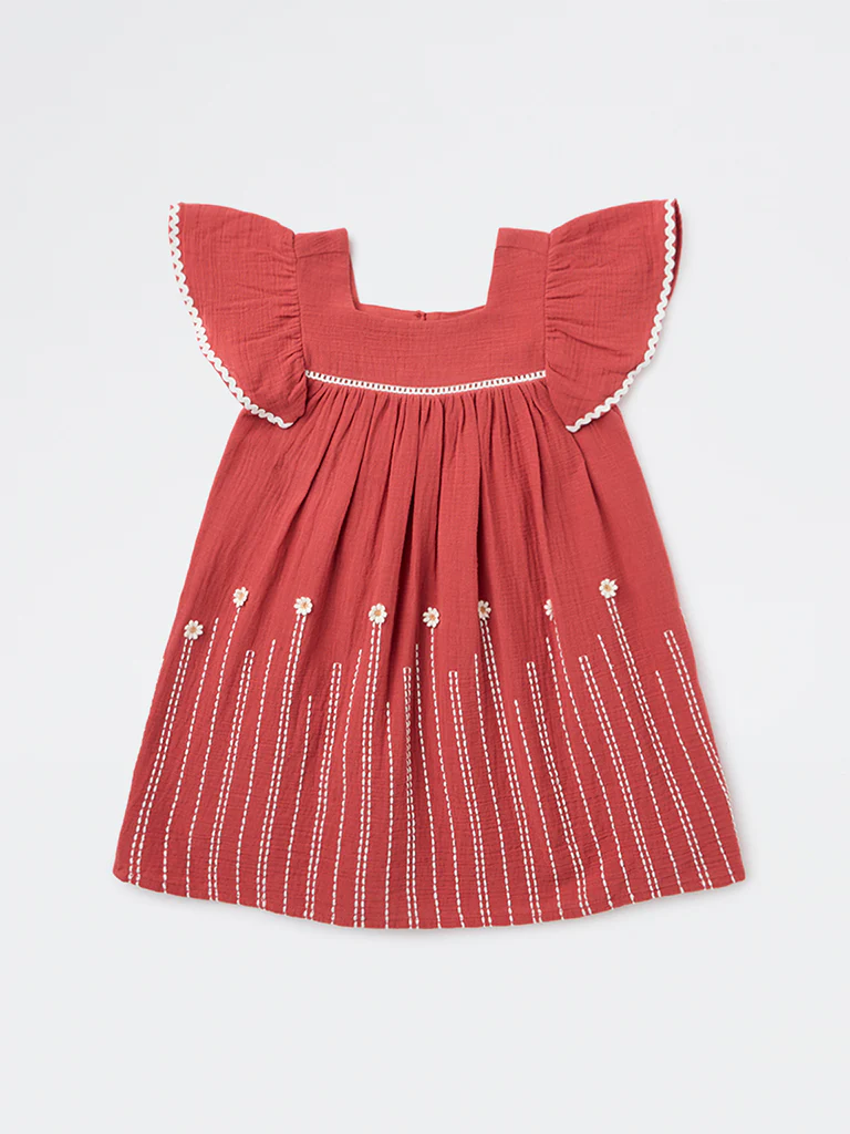 HOP Kids Girls Rust Embroidered Empire-Line Cotton Dress - Image 3
