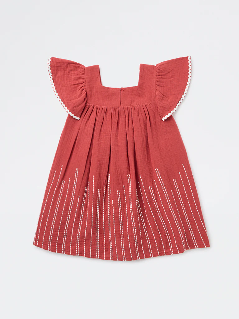 HOP Kids Girls Rust Embroidered Empire-Line Cotton Dress - Image 4