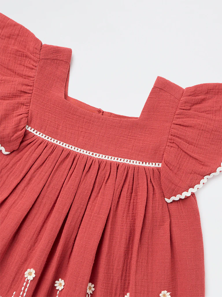 HOP Kids Girls Rust Embroidered Empire-Line Cotton Dress - Image 5