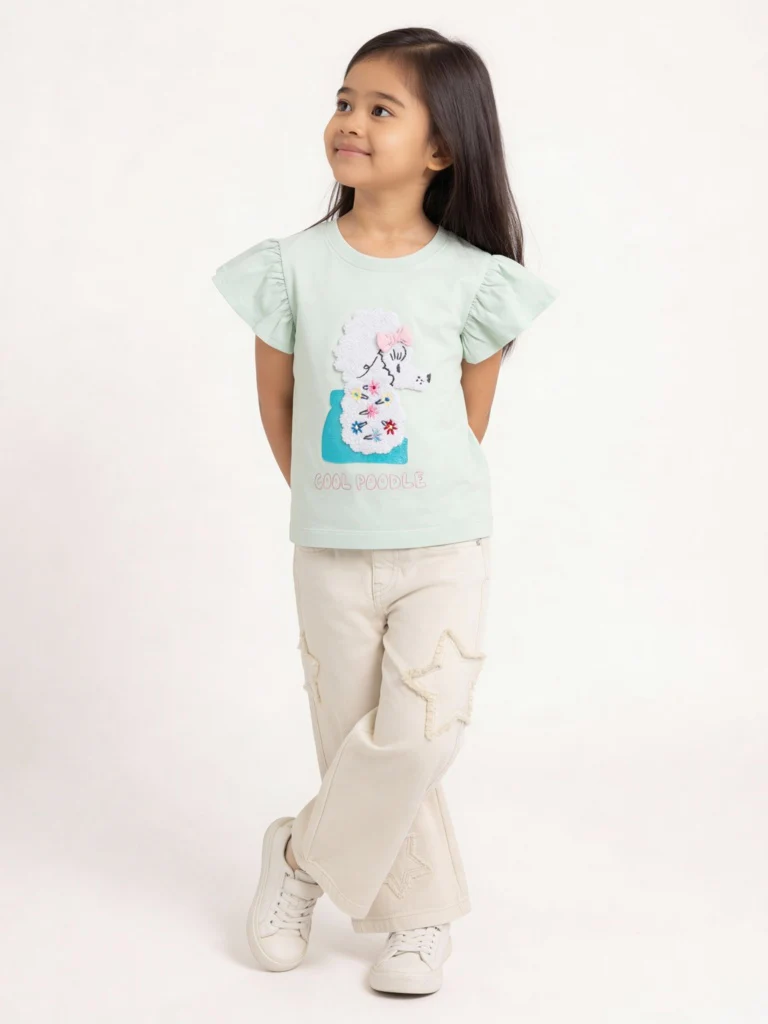 HOP Kids Girls Sage Animal Embroidered Cotton Top