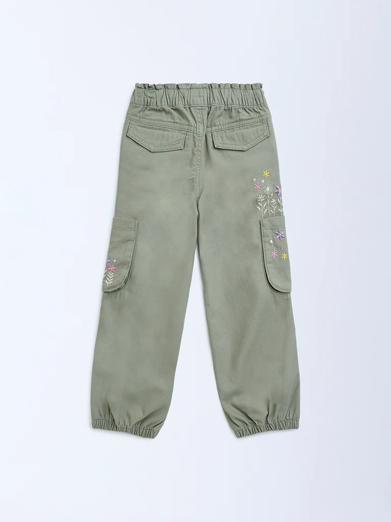 HOP Kids Girls Sage Floral Embroidered Mid-Rise Cotton Joggers - Image 4